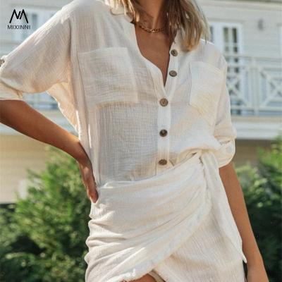 China New Breathable MXN 834 Ladies Fashion Office Dress, Button Long Sleeve Shirt Women Dresses Suit, Irregular Elegant Casual Dresses for sale