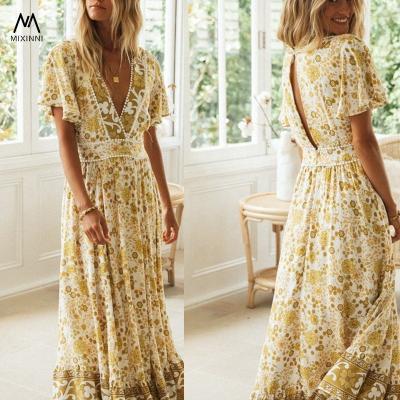 China Sexy MXN 910 Print Breathable Vacation Hot Dress, Fashion V Neck Casual Dresses Women Elegant Sexy, Stretching Long Beach Dresses for sale