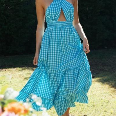 China MXN 1332 New Products Hot Women's Dresses Breathable, Cross Halter Beach Sleeveless Dress, Women Casual Dresses Blue Summer for sale