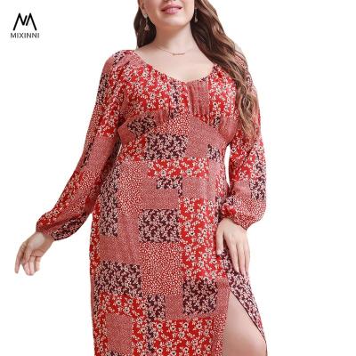 China Wholesale Print Dress Viable Women's Dresses MXN 1030-1 Plus Size New Chiffon Elegant Casual Dresses Sexy V Neck Long Sleeve Dress for sale