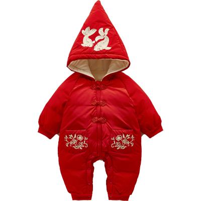 China Wholesale Red Cute Infant Light Weight Polyester/Cotton Winter Long Sleeve Baby Kids Soft Casual Hooded Rompers For New Year for sale