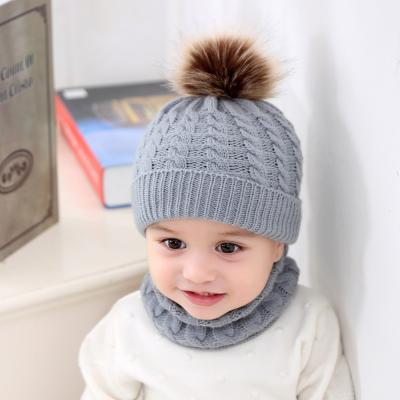 China 2Pcs/Set Baby Boy Girls Hat Scarf Winter Fur Ball Knitted Beanie Protect Ear Hat Kids Newborn Warm O Ring Scarves Hat Beanie for sale