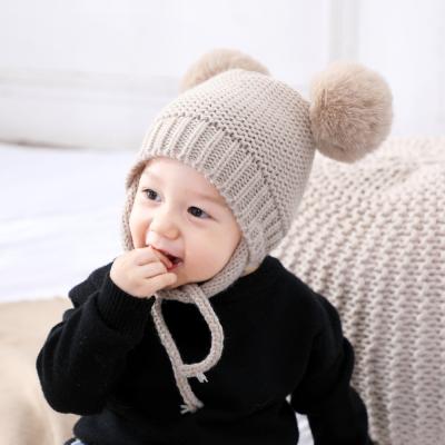 China Character Baby Big Pom Pom Bobble Chin Tie Winter Soft Warm Hat Knitted Warm Boy Girl Hair Ball Knit Warm Hat Kids Hat for sale