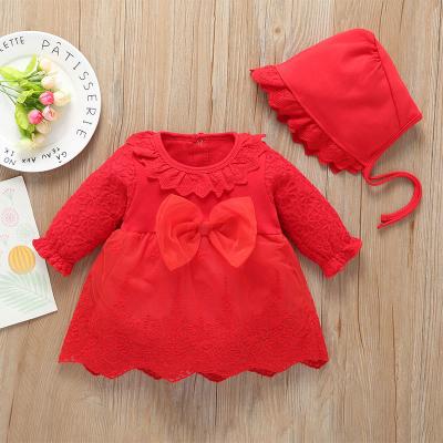 China Wholesale Regular Long Sleeve Red Lace Dress For Baby Girls Bowknot Party Lace Up Infant Dresses for sale