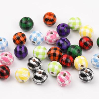 China Jewelry Making DIY 16mm Christmas Plaid Printed Round Ball Wooden Beads Charm Fashion Custom Crafts Kids Toys Jewelry Bracelet Accessories for sale