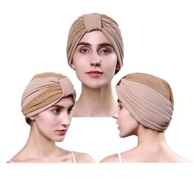 China Cozy Fall and Winter New Arrive Turban Headdress Two Color Mosaic Folds Arab India Women Muslim Bandana Hat Custom Hair Turban for sale