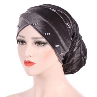 China Comfortable Women Velvet Beads Refine Hijab Tank Top Turban Muslim Inner Islamic Ladies Head Wraps Hat Folding Bandana Under Scarf for sale