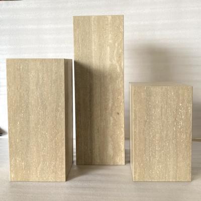 China Modern Design Stone Modern Furniture Home Decor Natural Beige Travertine Cube Pedestal Table for sale