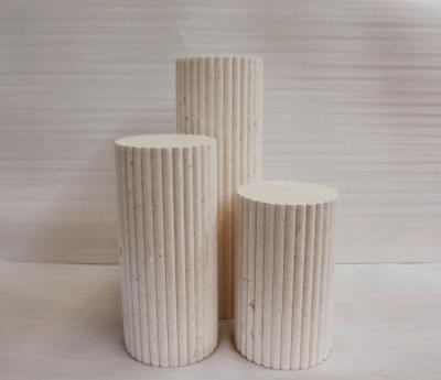 China 2021 Modern New Arrival Round Natural Stone Pedestal Side Table Beige Limestone Marble Pedestal for sale