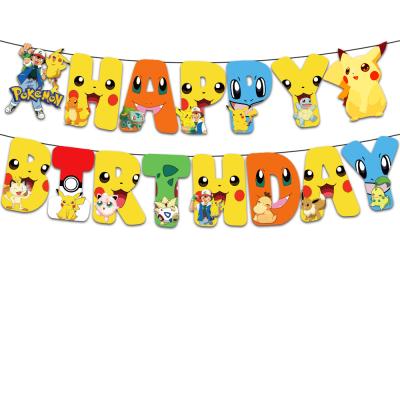 China Pikachu Happy Birthday Banners Wall Decor Pokemon Pikachu Theme Party Decorations Hanging Pull Flags Paper Flame Party Wall Supplies for sale