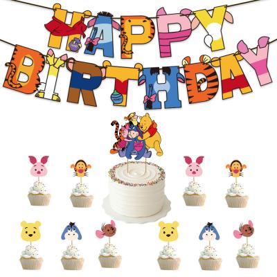 China Wall Decor Winnie The Pooh Theme Party Supplies Set Happy Birthday Banner Flags Paper Cupcake Toppers Baby Shower Party Decorations for sale