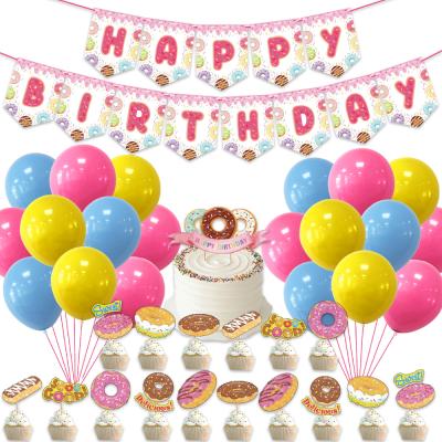 China Party Deco Donuts Theme Birthday Party Decorations Set Donuts Happy Birthday Banner Flags Latex Balloons Cupcake Toppers For Party Supplies for sale