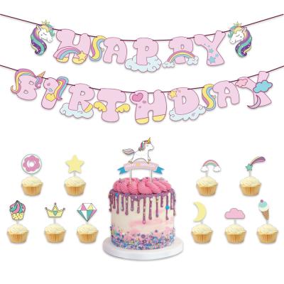 China Birthday Party Supplies Set Unicorn Happy Birthday Banner Flags Paper Cupcake Toppers Hanging Baby Shower Party Supplies Unicorn Theme Party Decoration Set for sale