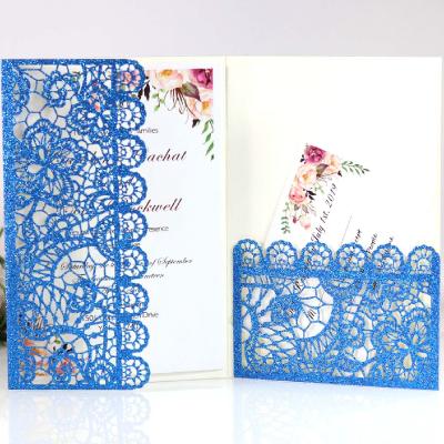 China Europe Wholesale Shiny Glitter Paper Hollow Lace Pocketfold Elegant Modern Chinese Wedding Invitations for sale