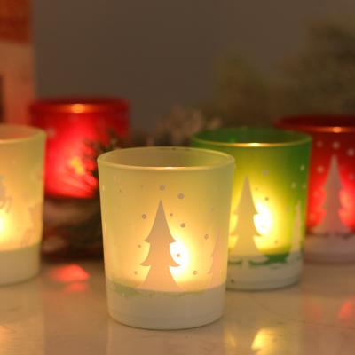 China Wholesale Modern Simple Christmas Tree Snowflake Style Tealight Candle Glass Empty Cup Holder for sale