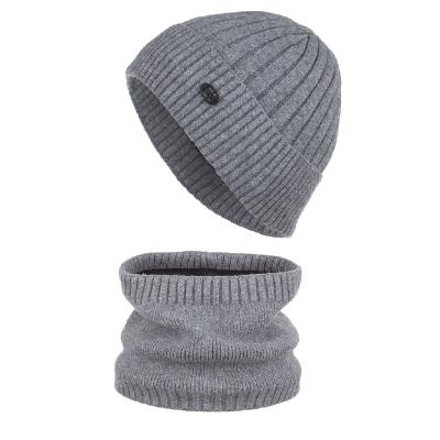 China COMMON 2021 fashion outdoor fleece lined bold stripes iron brand wool winter hat and scarf set for men for sale