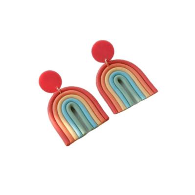 China FASHIONABLE Boho Ethnic Gradient Personality Clay Rainbow Color Arched Colorful Handmade Long Ceramic Line Dangle Earrings for sale