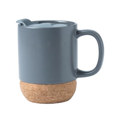 China Factory supply wholesale description matte black decal stocked ceramic mug with cork insulated base and plastic lid for sale