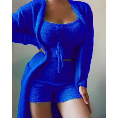 China Waterproof 2022 Sexy Fashion Spring Plush Sweater 3 Piece Set Women Clothing plus size 3 Piece Winter Sets Short Pants Two Piece for sale