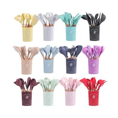 China Factory New Arrival 12pcs Silicone Utensil Viable Non-Stick Tool Kits With Wooden Holder Handle Cooking Tools Kitchen Utensils Se for sale