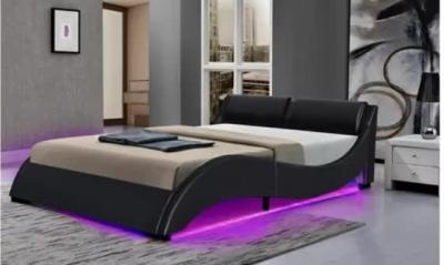 China King Size Soft Upholstered Bed Frames PU Synthetic Leather Curve Shape With LED Headboard for sale