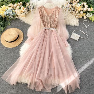 China 2021 Hot Selling Luxury Women Breathable Lace Up Sequin Gauze Party Formal Dress for sale