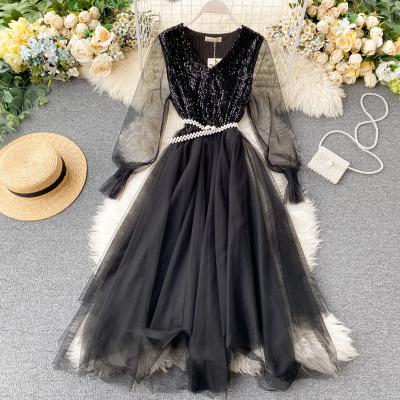 China 2021 Hot Selling Luxury Women Breathable Lace Up Sequin Gauze Party Formal Dress for sale