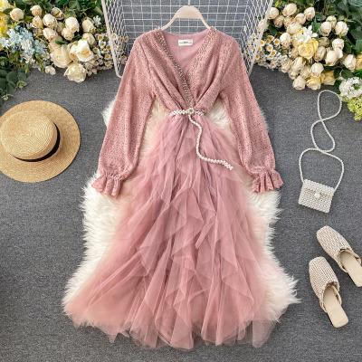 China 2021 Hot Selling Luxury Women Breathable Lace Sequin Gauze French Women Elegant Lace Embroidered Beading Dress for sale