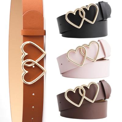 China Luxury High Quality Leather Women Waist Double Heart Buckle Fashion Faux Leather Belt Ladies for sale