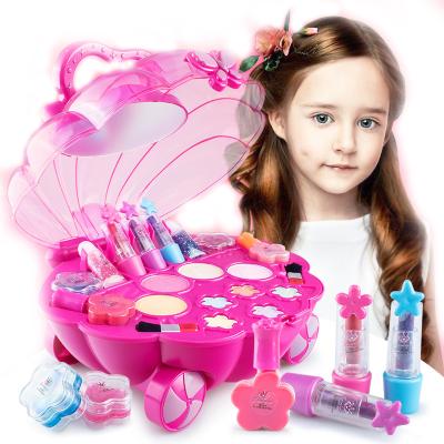 China Amazon Hot Sales Baby Eyeshadow Lipstick ABS Plastic Pink Princess Shell Shape Box Kids Make Up Play Toy Cosmetic Set 38.5*24.5*28cm for sale