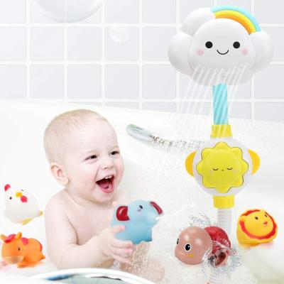 China Bath Toy Eco-Friendly Materials 9 in 1 Colorful Rainbow Star Sun Cloud Shower Head Water Sprinkler Bath Game Toys with LED Light for sale