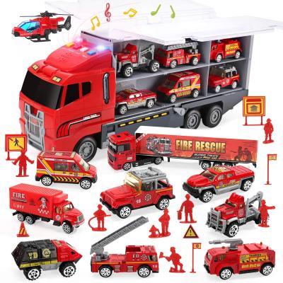 China High Quality Super Large Container Kids Toy Car Combination 28 in 1 Fire Trucks Friction Toy with Light and Sound for Children 35.5*15.5*10CM for sale