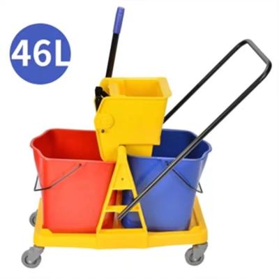 China Sustainable Good Quality 46L Double Side Press Plastic Mop Bucket With Wringer Trolley With Wheels For Hotel for sale