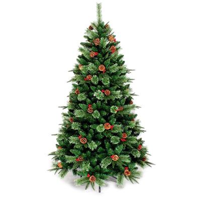 China Eco-Friendly KERVINO Christmas tree  pointy spray white pine cone red fruit PVC large Christmas tree for sale