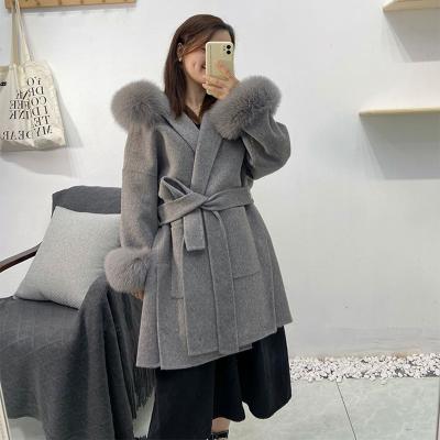 China 2021 Winter Fashion Winter Fashion Cashmere Fur Coat Women Warm Sale Woolen Hooded Fur Coat With Fox Fur Cuff for sale