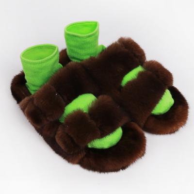 China Real Mink Fur Women's Sandals Fashion Trend Luxury Fur Slippers Double Strap Animal Fur Slides for sale