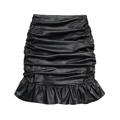 China High Waist Sheepskin Anti-Static Plicative Pencil Skirts Skinny Pleated Mini Leather Skirt For Ladies for sale