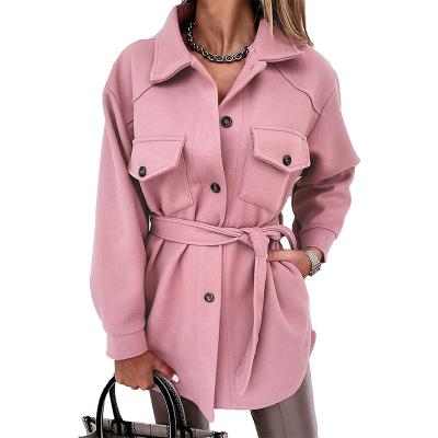 China Women's Casual Pocket Anti-wrinkle Lace-up Outwear Jacket 2021 Autumn Winter Fashion Lapel Single-Breasted Coats Solid Color Thick Wool Loose for sale