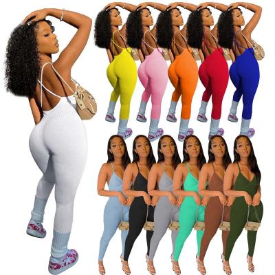 China Anti-pilling 2022 New Arrive V Neck Backless Yoga Jumpsuit Summer Women Sexy One Piece Jumpsuit Ribbed Overall Outfit Long Jogger Romper for sale