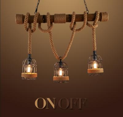 China Loft Modern Vintage Rural Pendant Lights Hemp Rope Iron Cage Pendant Lamps Bamboo Wood Light Pendant for sale