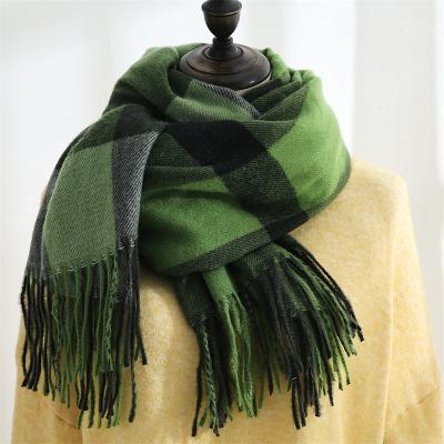 China 2021 Winter New Style Plaid Printing Tassel Cashmere Warmer Female Fashion Scarf Shawl Mid Length Warm Scarf for sale