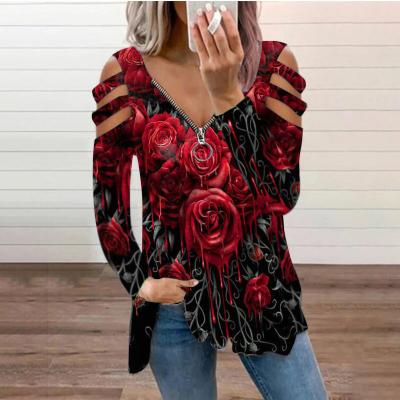 China Wish Viable Women's Liquid Rose Hollow Zipper V-Neck Women's Long Sleeve T-Shirt for sale