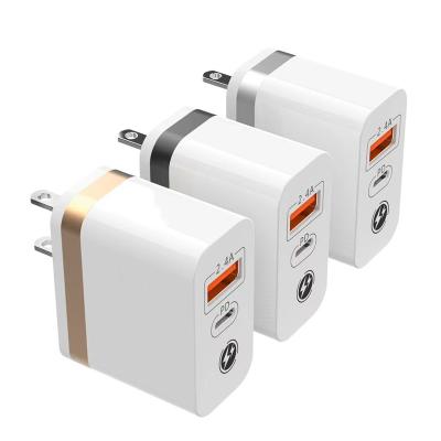 China New Arrival Mobile Phone Tablet MP3 GPS 2 in 1 Port 2.4A QC3.0 Usb 20w PD Left Logo Usb Wall Charger Custom Mobile Phone Travel Adapter for sale