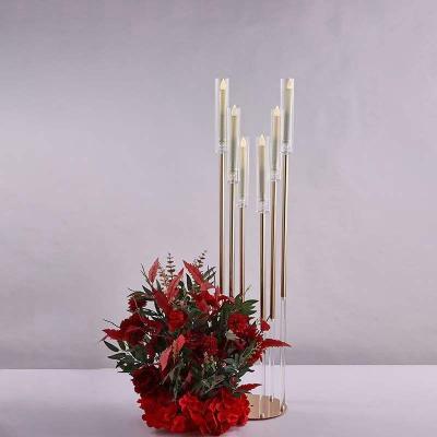 China Acrylic Crystal Glass Gold Candelabra Wedding Table Centerpiece Decoration For New Durable Wedding 6 Heads for sale