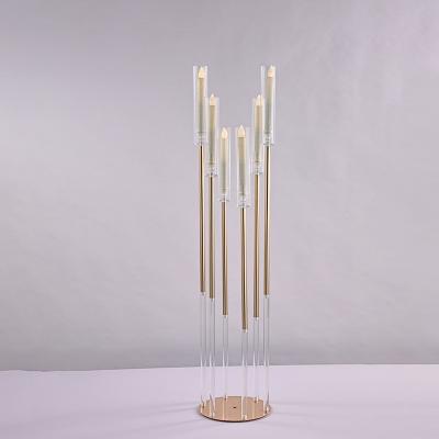 China Factory Wholesale Durable Elegant Luxury Style 6 Heads Acrylic Crystal Glass Gold Candelabra For Wedding Banquet Decoration for sale