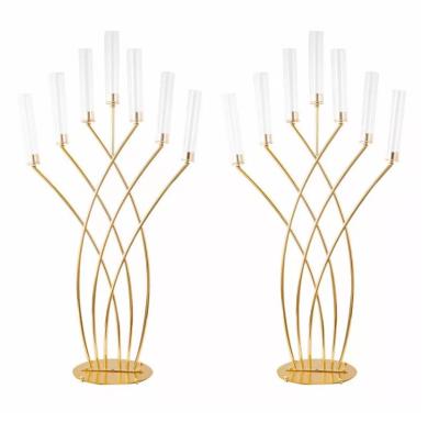 China European Hot Sale Acrylic Glass 7AM Metal Floor Candle Holder Gold Candelabra Candle Home Decoration For Wedding Table Centerpiece for sale