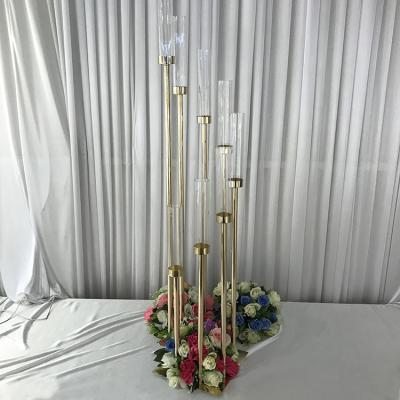 China New 8AM Gold Wedding Metal Acrylic Glass Candlestick Stand European Candle Holder Centerpiece For Wedding Table Decoration for sale