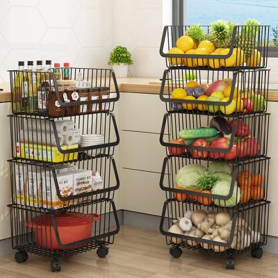 China Stackable Cart 3-5 Tier Modern Metal Bins Basket Organizers Trash Cans Rolling Cart Serving Racks For Vegetable Fruit Kitchen for sale