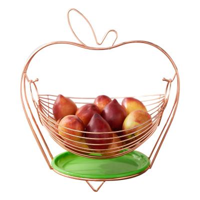 China Sustainable Swinging Wrought Iron Wire Mesh Mounted Golden Apple Shape Fruit Basket for sale