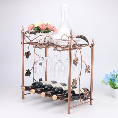 China Sustainable Antique Countertop Metal Wrought Iron Free Standing Wine Bottle Rack And Glass Rack for sale